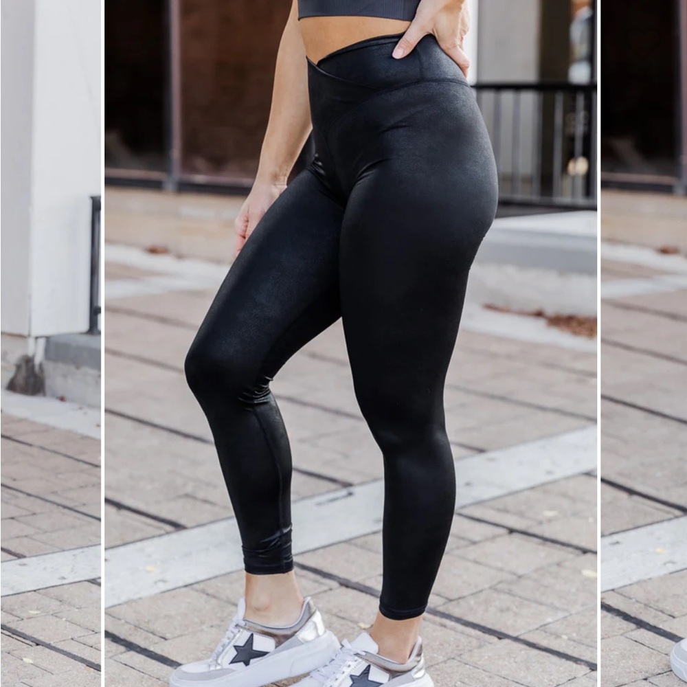 BLACK FAUX LEATHER CROSS WAIST BAND LEGGINGS